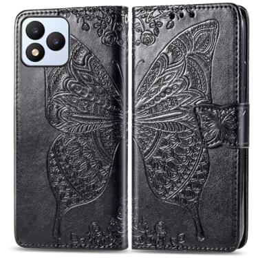 Imagem de DAMONDY Capa para celular Vortex J24, couro PU, borboleta, flores em relevo, capa flip magnética, suporte para cartões, alça de mão, carteira para Vortex J24 - Preto