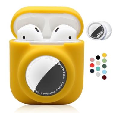 Imagem de Capa protetora de silicone 2 em 1 compatível com AirPod 1 e 2 e AirTag, capa protetora macia e abrangente com 2 peças de película de TPU (poliuretano termoplástico), antiarranhões, antiqueda (amarelo)