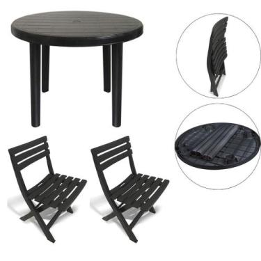 Imagem de 2 Cadeira 1 Mesa Redonda Área Lazer Preta Desmontável 25389 - Arqplast