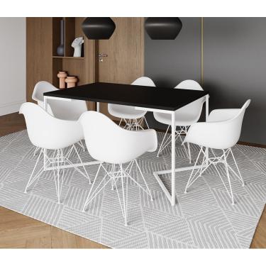 Imagem de Mesa Industrial Jantar Preta 137X90Cm Base V Com 6 Poltronas Brancas Ferro Branco Preto
