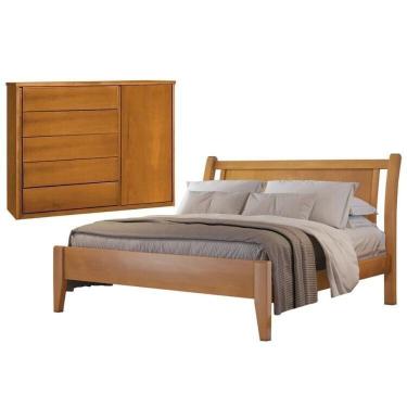 Imagem de Conjunto Quarto De Casal Cama Madeira Maciça 140cm E Cômoda 5 Gavetas Com Sapateira Unique Amêndoa Mel