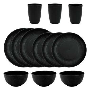 Imagem de Pratos práticos requintados polidos simples preto puro doméstico - conjunto preto de 12 peças para 3 pessoas