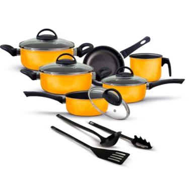 Imagem de Jogo De Panelas Antiaderente 9 Peças Kit Conjunto Teflon Tampa De Vidro Durável(Amarelo)