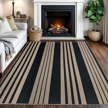 Imagem de USTIDE Tapete listrado de juta fácil, 12 x 18 cm, antiderrapante, lavável, tapete grande neutro, para sala de estar, tapetes pretos para uso interno e externo para quarto, sala de jantar, terraço