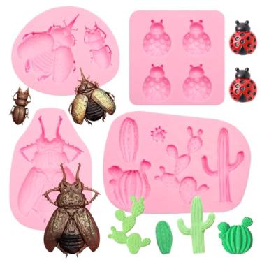 Imagem de Moldes de silicone para insetos, conjunto de 4, moldes de chocolate e cacto joaninha besouro para decoração de bolos, topo de cupcake, argila doce, artesanato DIY