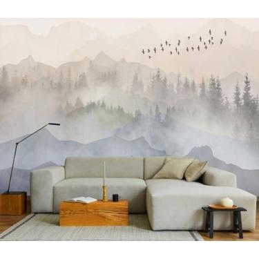 Imagem de Papel de parede de paisagem abstrata em aquarela com árvores, mural de pássaros voadores no topo da montanha nebulosa, pintura decorativa de fundo de parede grande