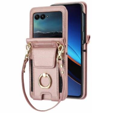 Imagem de LTLMYDAM Capa de couro transversal para Motorola Razr 60 Ultra/60, capa traseira com compartimento para cartão com alça de ombro longa, rosa, 60