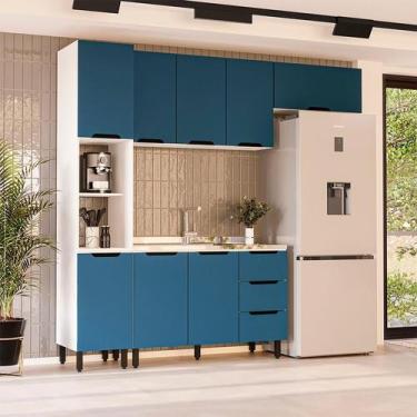 Imagem de Cozinha Compacta Sem Tampo Meena 8 Portas 3 Gavetas Azul e Branca - Mo