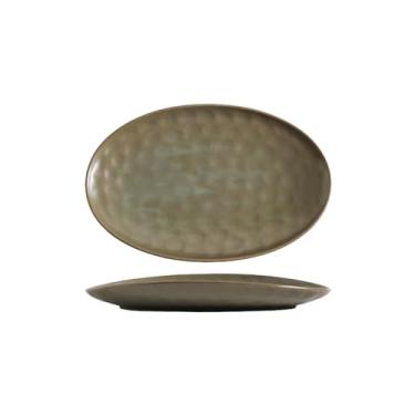 Imagem de Prato de sashimi oval de cerâmica estilo japonês, prato de churrasco oval doméstico - marrom prateado de 35,56 cm