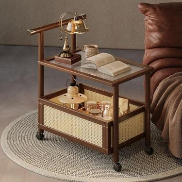 Imagem de Mesa Lateral Bam-boo Com Armazenamento Para Sala De Estar & Quarto Mesas Finais Sala De Estar Design Moderno Estável & Robusto Com Rodas Silenciosas Versátil Par, Brown, 50x30x71cm/19x12x28in