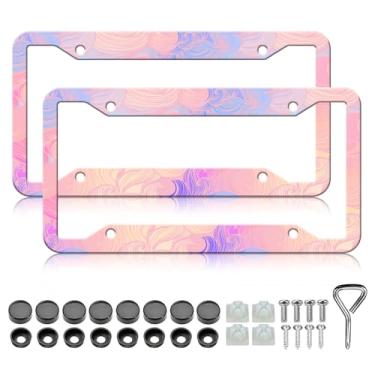 Imagem de Moldura de placa de licença rosa - 2 peças de suporte de placa de licença de metal de alumínio com linhas rosa personalizadas, à prova de ferrugem, à prova de ferrugem, molduras decorativas para