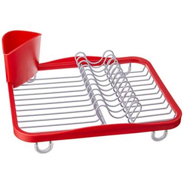 Imagem de Umbra Escorredor de pia – escorredor de pratos com tampa removível para talheres que cabe em, sobre pia ou no balcão, médio, vermelho/níquel