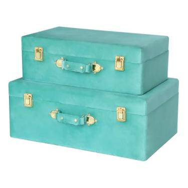 Imagem de HofferRuffer Baús de armazenamento de veludo com moldura de madeira, conjunto de 2 baús de armazenamento com alças, organizador de quarto, caixas decorativas estofadas, tampa articulada com detalhes