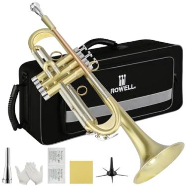 Imagem de ROWELL Conjunto de trompete padrão Bb trompete profissional trompetes de latão para iniciantes com estojo de mão de luxo, luvas, bocal 7C e kit de limpeza (acabamento antigo)