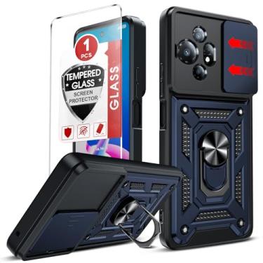 Imagem de LeYi Capa para TCL 50 XE: com capa de câmera deslizante + protetor de tela de vidro temperado, capa de celular resistente com suporte de anel de metal para TCL 50 XE, azul