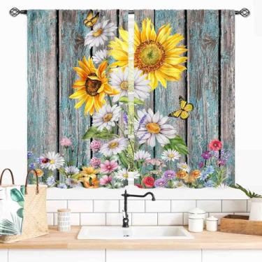 Imagem de Cortinas de cozinha de girassol, casa de fazenda, rústico, amarelo, floral, margarida, azul, madeira, primavera, flores silvestres, rural, blackout para janela, tratamentos para quarto, sala de estar
