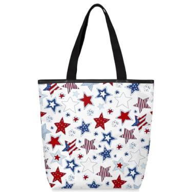 Imagem de TKBXAEG Bolsa de lona para mulheres e homens, bandeira americana, estrelas, bolsa de ombro com fecho de zíper, reutilizável, sacola de pano de compras com alças para praia, academia, piquenique