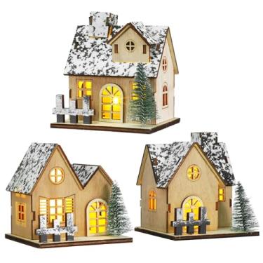 Imagem de Toyvian 3 Peças De Decoração De Casas De Vila Natalina: Conjunto De Pequenas Casas De Madeira Brilhantes Com Luzes Centro De Mesa De Natal - Enfeite De Mesa De Cabana Para Decoração De