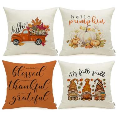 Imagem de Meekio Conjunto de 4 capas de travesseiro de outono 45,7 x 45,7 cm com estampa de caminhão de abóbora, decorações de outono para casa, presentes de Ação de Graças