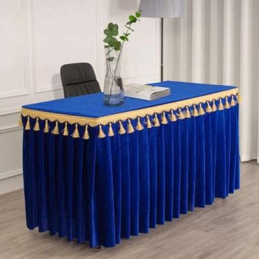 Imagem de Toalha de mesa de veludo dourado para conferências, exposições, pendurada, com franjas, para saia de mesa com borlas, retangular, azul, 180x60x75 cm
