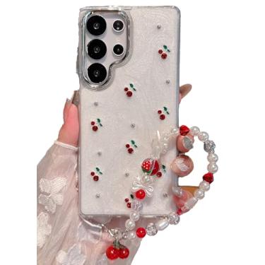 Imagem de Linda capa para Samsung Galaxy S24 Ultra, pérolas cerejeiras vermelhas com corrente de charme, capa de frutas peroladas para mulheres e meninas, capa à prova de choque para Galaxy S24 Ultra (branca)