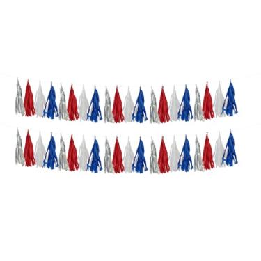 Imagem de 4th of July Decorações Guirlanda de borla – Pacote com 2 faixas de franja vermelha, branca e azul, prata, sem faixa de papel de seda DIY para o Dia da Independência, Festa Patriótica Americana