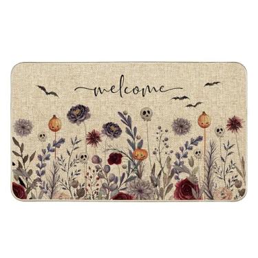 Imagem de Tikeciti Capacho de boas-vindas floral roxo de Halloween, capachos de flores bordô, decoração de férias assustadora, tapete de entrada antiderrapante, tapete de entrada discreto para cozinha, pátio