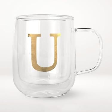 Imagem de COLLECTIVE HOME - Copos de café expresso, canecas de café de vidro de parede dupla, caneca de café isolada com alça, presentes personalizados para mulheres, homens, Natal, copos de monograma de 400 ml