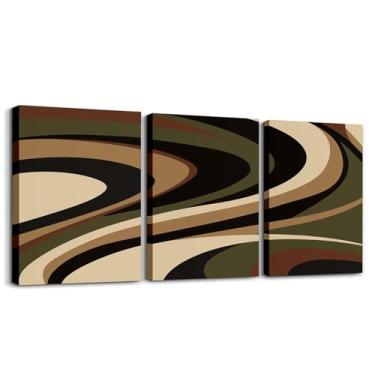 Imagem de Castle Fairy Arte de parede verde marrom preto 3 peças para decoração de sala de estar, linhas geométricas, decoração de parede de quarto, decoração de parede abstrata, pôsteres retrô luxuoso, pintura