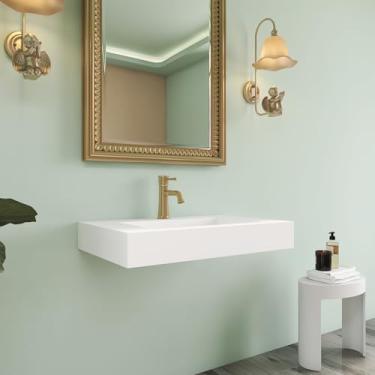 Imagem de HIGEINE Pia de banheiro premium com superfície sólida de resina de pedra de 74 x 48 cm - pia de vaso montada na parede ou bancada, design branco fosco retangular de furo único, bacia moderna