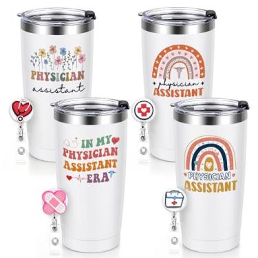 Imagem de Qtencas 4 peças presentes de assistente médico para mulheres, dia nacional do assistente médico, aniversário e Natal, copos isolados de aço inoxidável de 590 ml com clipe de crachá e caneta, branco