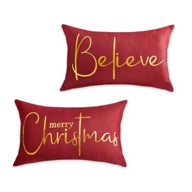 Imagem de HOMFREEST Merry Christmas Capas de almofada douradas 30 x 50 cm 2569 almofadas decorativas vermelhas capas de almofada para varanda externa para sofá