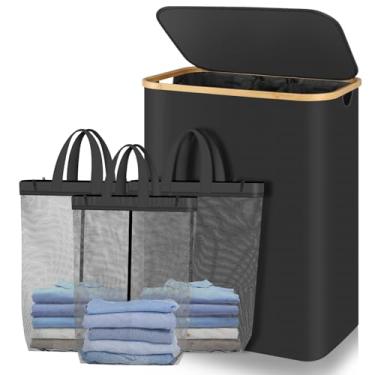 Imagem de 160L Cesto Organizador de Roupas Sujas com 3 Divisórias, Cesto Organizador para Roupas Sujas Dobrável e Multiuso com Tampa, Cesto de 3 Compartimentos para Lavanderia, Balde de Roupa Suja