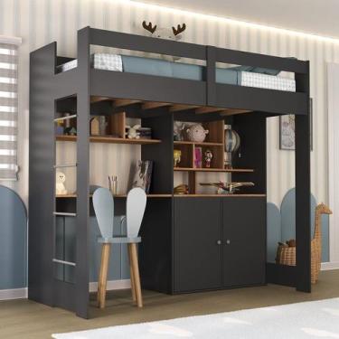 Imagem de Cama Alta Infantil Juvenil 2 Portas com Escrivaninha Multifuncional Zw