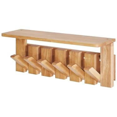 Imagem de YMYNY Suporte de parede com prateleira, prateleira de parede com ganchos retráteis, cabideiro de parede de madeira para pendurar roupas/casacos/chaves/chapéus/toalhas/bolsas, natural, HWS008N