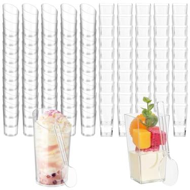 Imagem de 200 peças de mini copos de sobremesa com colheres incluem copos quadrados de 85 g de plástico para aperitivos de 70,9 g, copo de tiro parfait redondo inclinado pequeno copo de pudim de mousse