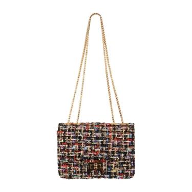 Imagem de TXMAQQ Bolsa feminina quadrada xadrez de tweed, bolsa de ombro moderna de grande capacidade, bolsa de mão com corrente cruzada, bolsa de mão, Preto-005