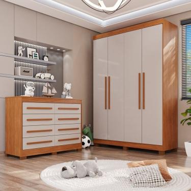 Imagem de Conjunto Quarto Infantil Guarda-Roupa 4 Portas 3 Gavetas e Cômoda 8 Gavetas Alice Espresso Móveis Cinamomo / Off White