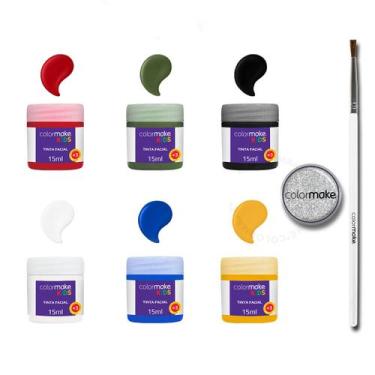 Imagem de Tinta Líquida Facial Kids Pintura Artística 6 Cores Pote 15ml Pincel E