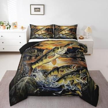 Imagem de Erosebridal Jogo de cama King com tema de pesca de robalo Big Pike, para crianças, meninos, homens, edredom vintage de casa do lago, decoração de quarto de cabana rústica, 2 fronhas leves