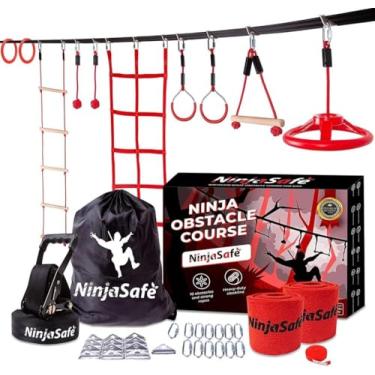Imagem de Pista de obstáculos Ninja para quintal infantil - 10 obstáculos duráveis e slackline de 127 m - Equipamento de brinquedo de obstáculos guerreiro ao ar livre para meninas e meninos com barras de