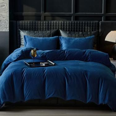 Imagem de WARMDERN Conjunto de capa de edredom de veludo azul marinho Queen Size flanela, 3 peças, ultramacio, luxuoso, texturizado, moderno, de veludo, com fecho de zíper (azul marinho, Queen)
