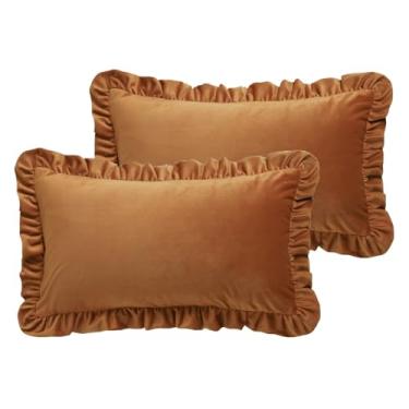 Imagem de ISAENNE Conjunto de 2 capas de almofada retangulares laranja francesa, 30,5 x 50,8 cm, cor sólida, decoração de veludo, capa de almofada com babados, para sofá, cama, sala de estar, carro