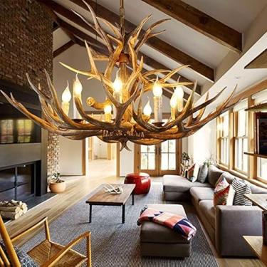 Imagem de XFNVXC Lustre Lig de resina de luxo Lig 6 Ligs Marrom Rústico Chifre de veado Lig Lustre Lig Luxuoso Camada Dupla Quinta Chifres Lig Luminárias