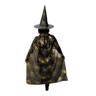 Imagem de Kit Chapéu Preto Estampado com Capa de Bruxa Dourada Prata Halloween Festa Fantasia Cosplay(G,Teias de Aranhas Douradas)