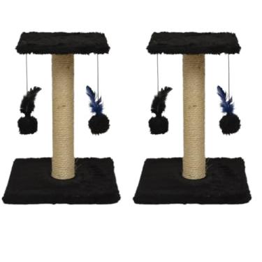 Imagem de Arranhador Para Gatos Pet Poste Sisal Brinquedo Com Bolinha Pena Duas Bases(Kit 2x Preto)