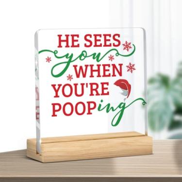 Imagem de Decoração de banheiro de acrílico de Natal com base 10 × 10 cm design de Papai Noel acabamento brilhante enfeite de mesa presente para reuniões de férias uso doméstico Ele vê seu sinal quando você