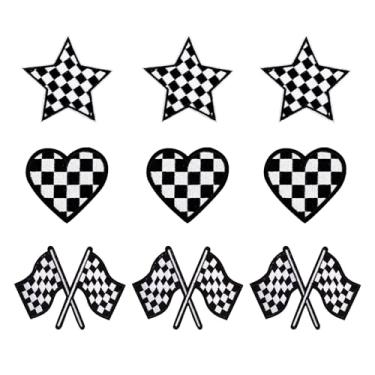Imagem de 9 peças de remendos de corrida, clássico preto branco decorativo ferro em carro de corrida xadrez costurados em adesivos bordados apliques para roupas, jeans, mochilas, chapéus (bandeira + coração +