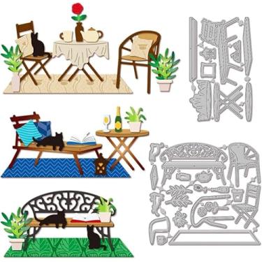 Imagem de Matrizes de corte de cadeiras de mesa para uso ao ar livre para fazer cartões, móveis, cortes de metal, gato, vaso, plantas, livros, moldes para scrapbooking, diário, papel em relevo, decoração de