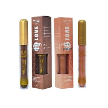 Imagem de Max Love Lip Oil Bomb Brilhante, Kit com 2 Óleos Labiais Veganos, Cores 55 e 50, com Ácido Hialurônico, Vitamina E, D-Pantenol e Manteiga de Karité, 5ml Cada